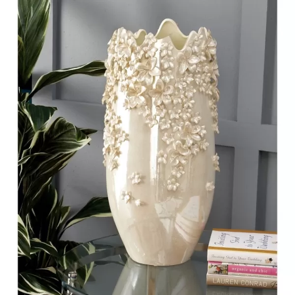 Vases-Kirkland's Home 3D Floral Cream Ceramic Vase White