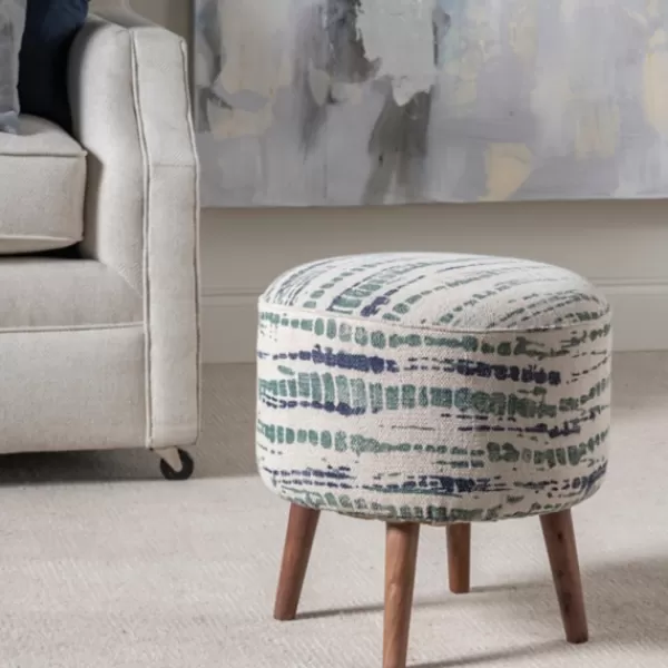 Benches & Ottomans-Kirkland's Home Abstract Lines Wood Ottoman Stool Green/Blue/Ivory