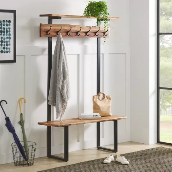 Entryway Furniture-Kirkland's Home Acacia Wood Modern Storage Hooks Hall Tree