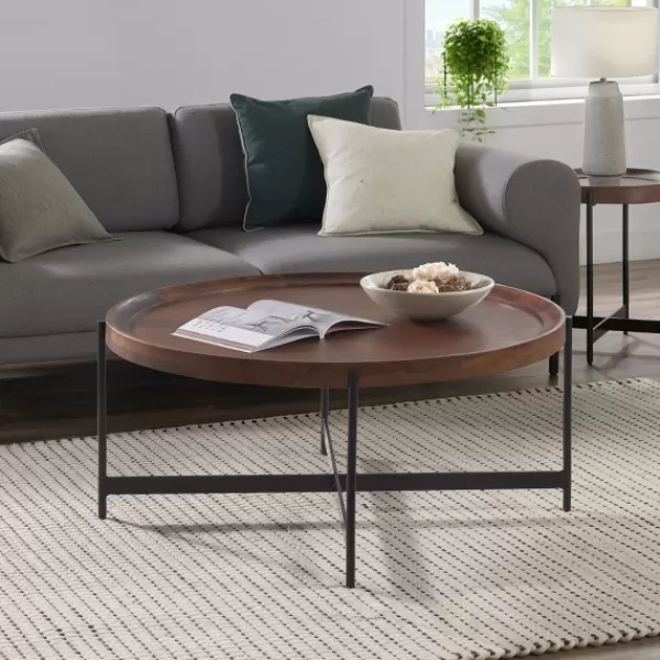 Coffee Tables-Kirkland's Home Acacia Wood Round Tray Top Coffee Table Brown