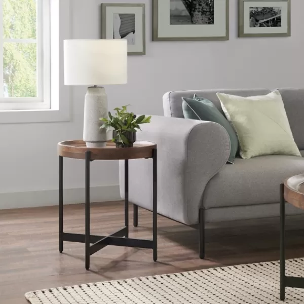 Accent & End Tables-Kirkland's Home Acacia Wood Round Tray Top Side Table Brown