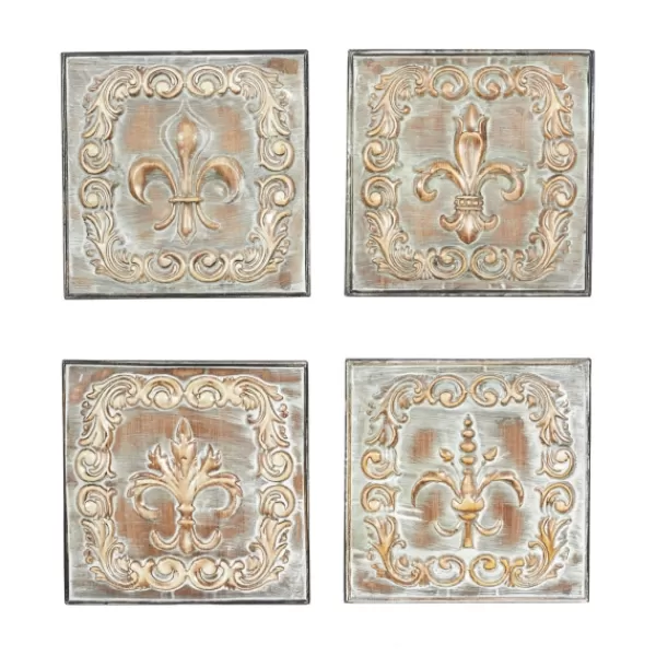 Wall Plaques-Kirkland's Home Aged Brass Fleur-De-Lis 4-Pc. Panel Wall Art Gold/Green