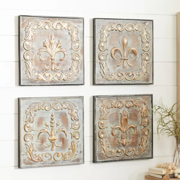 Wall Plaques-Kirkland's Home Aged Brass Fleur-De-Lis 4-Pc. Panel Wall Art Gold/Green