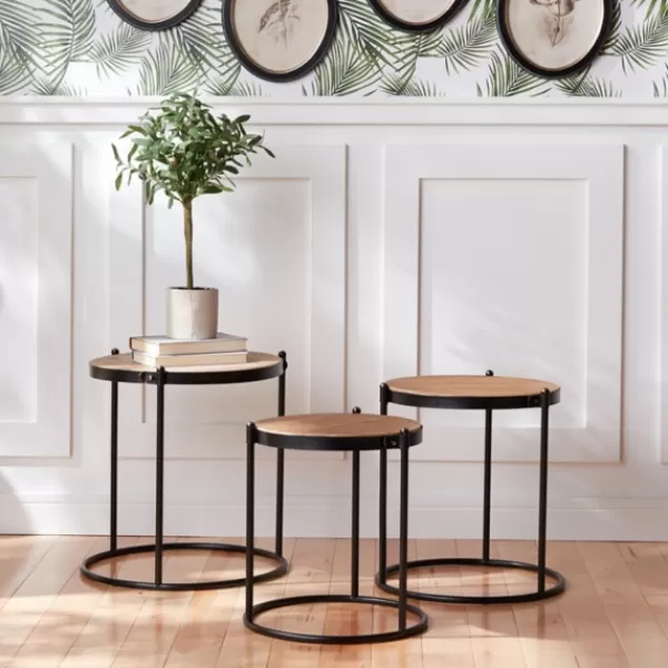 Accent & End Tables-Kirkland's Home Aged Round Wood Top 3-Pc. Accent Table Set Tan/Black