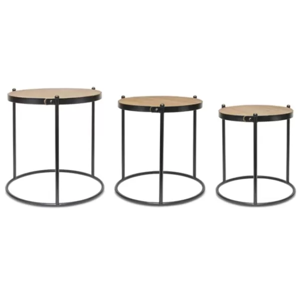 Accent & End Tables-Kirkland's Home Aged Round Wood Top 3-Pc. Accent Table Set Tan/Black