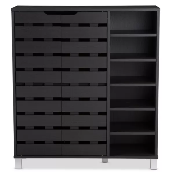 Entryway Furniture-Kirkland's Home Aldrich Black Slatted Shoe Storage Cabinet