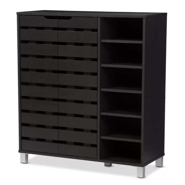 Entryway Furniture-Kirkland's Home Aldrich Black Slatted Shoe Storage Cabinet