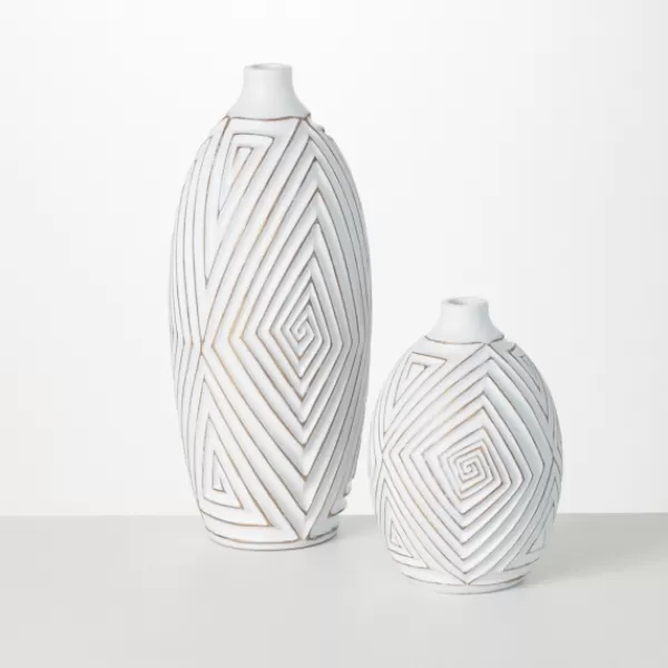 Vases-Kirkland's Home And Gold Ribbed Mod Vases, Set Of 2 White