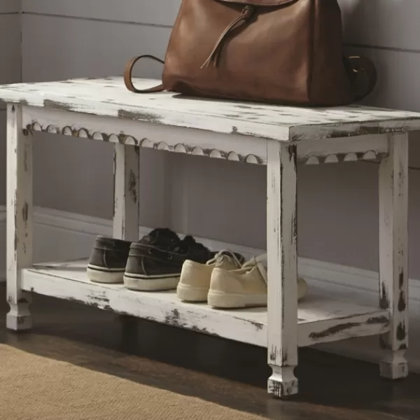 Benches & Ottomans-Kirkland's Home Antiquated Farmhouse Shelf Bench White