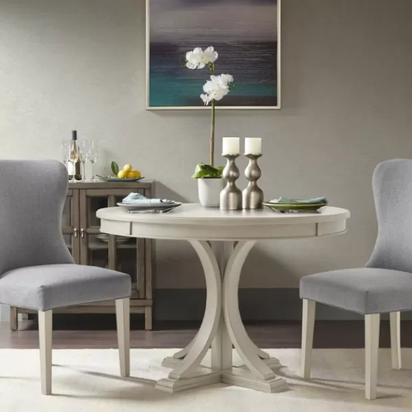 Dining Tables-Kirkland's Home Antique Cream Wood Pedestal Round Dining Table