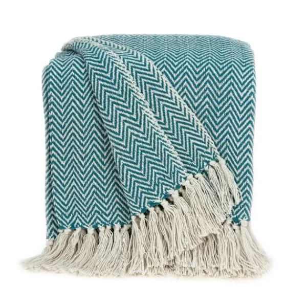 Blankets & Throws-Kirkland's Home Aqua Chevron Cotton Handloomed Tassel Throw Blue