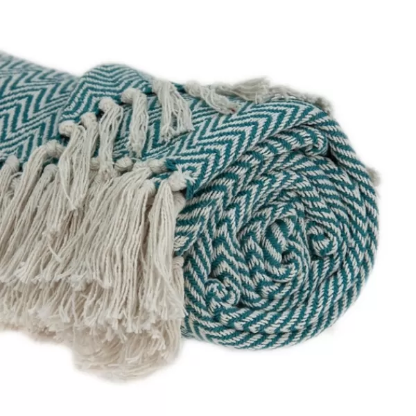 Blankets & Throws-Kirkland's Home Aqua Chevron Cotton Handloomed Tassel Throw Blue