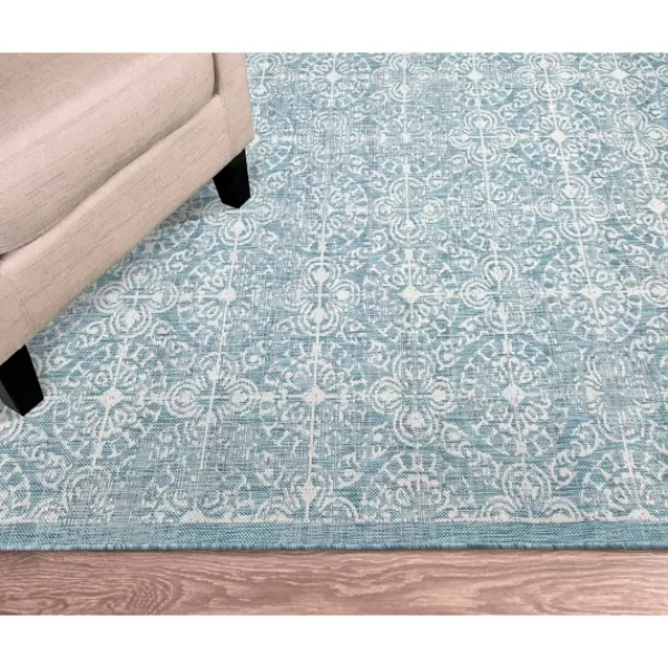 Outdoor Rugs-Kirkland's Home Aqua Embellished Indoor/Outdoor Area Rug, 3X4 Blue/White