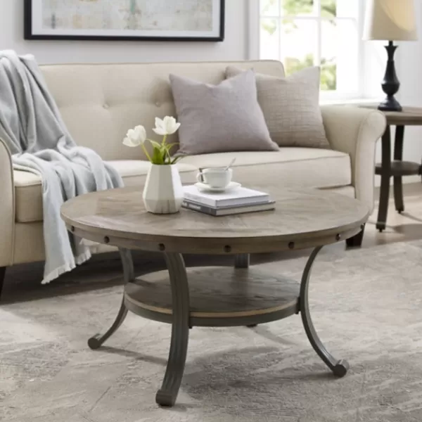 Coffee Tables-Kirkland's Home Ash Round Nailhead Coffee Table Gray