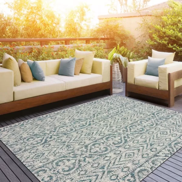 Outdoor Rugs-Kirkland's Home Azure Terrace Sun Shower Outdoor Area Rug, 5X8 Blue/Ivory