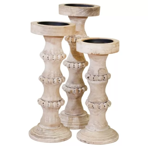 Candle Holders-Kirkland's Home Banded Bead Wood Candle Holder, 13 In. Ivory