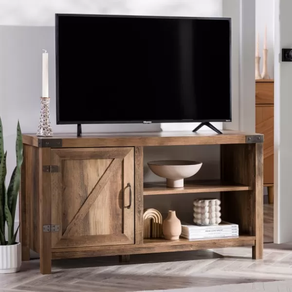 Tv Stands & Media Consoles-Kirkland's Home Barn Door Rustic Oak Tv Stand With Open Shelves Brown