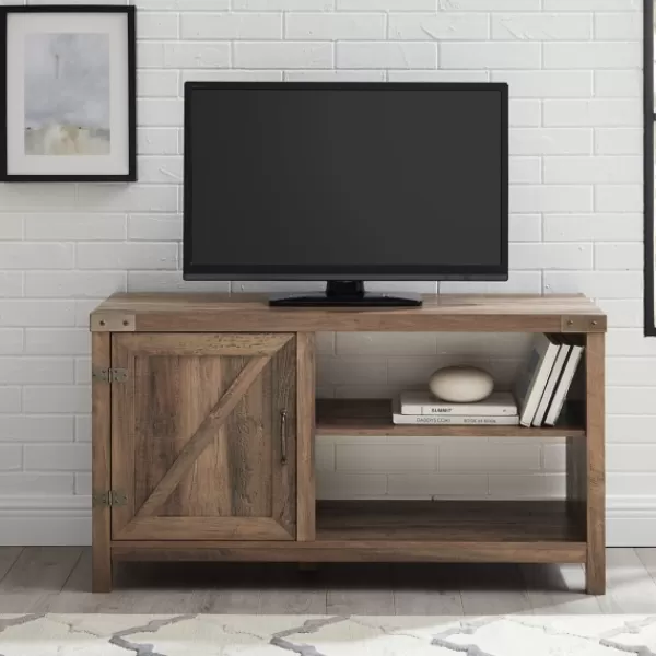 Tv Stands & Media Consoles-Kirkland's Home Barn Door Rustic Oak Tv Stand With Open Shelves Brown
