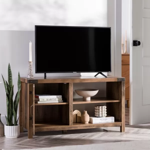 Tv Stands & Media Consoles-Kirkland's Home Barn Door Rustic Oak Tv Stand With Open Shelves Brown