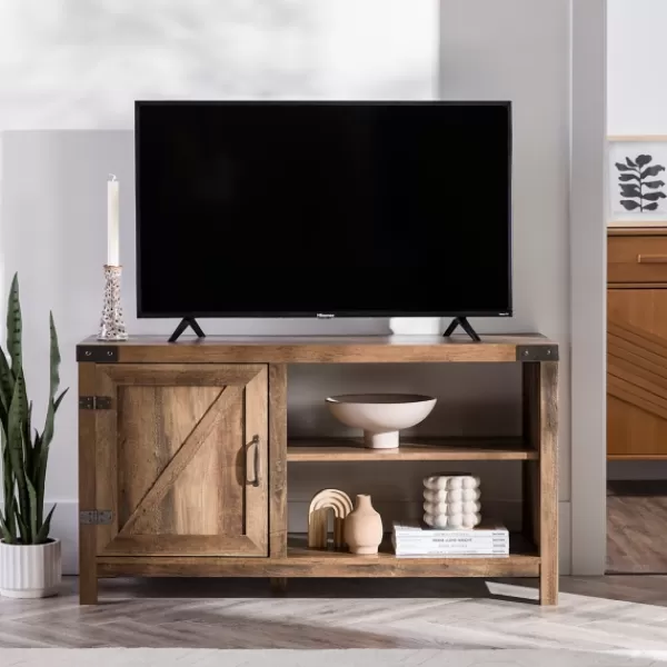 Tv Stands & Media Consoles-Kirkland's Home Barn Door Rustic Oak Tv Stand With Open Shelves Brown