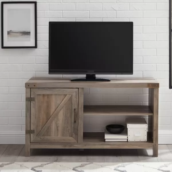 Tv Stands & Media Consoles-Kirkland's Home Barn Door Wash Tv Stand With Open Shelves Gray