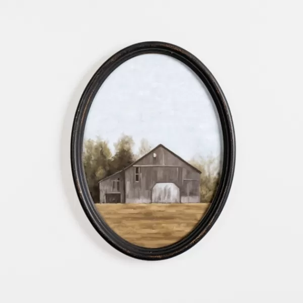 Framed Art-Kirkland's Home Barn Landscape Oval Framed Art Print Brown/Tan/White