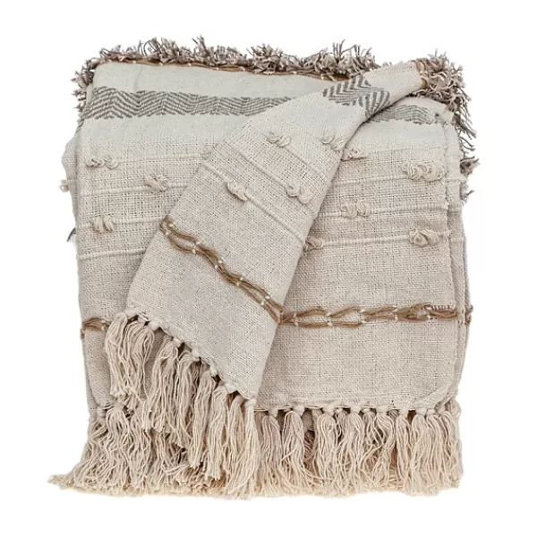 Blankets & Throws-Kirkland's Home Beige And Cream Eclectic Woven Throw With Tassels Ivory/Tan