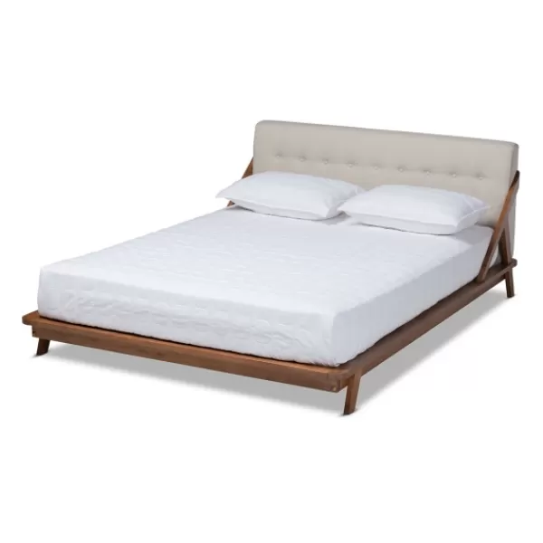 Beds & Headboards-Kirkland's Home Beige Tufted And Natural Walnut Full Platform Bed Tan