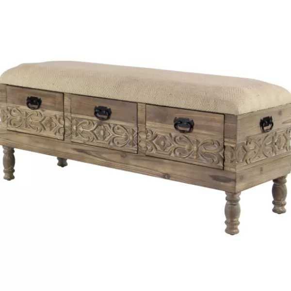 Benches & Ottomans-Kirkland's Home Beige Upholstered Acanthus Carved Wooden Bench Tan