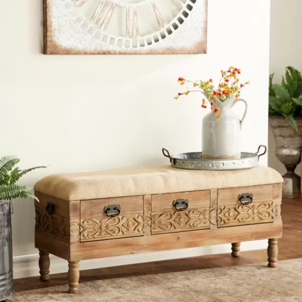 Benches & Ottomans-Kirkland's Home Beige Upholstered Acanthus Carved Wooden Bench Tan