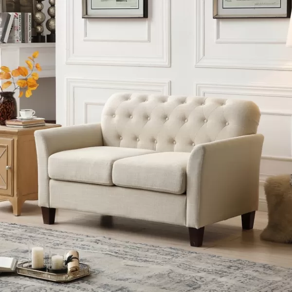 Sofas & Loveseats-Kirkland's Home Beige Upholstered Button Tufted Loveseat Tan