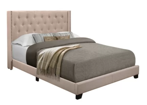 Beds & Headboards-Kirkland's Home Beige Upholstered Button Tufted Wing Queen Bed Tan