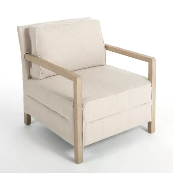 Accent Chairs-Kirkland's Home Beige Upholstered Wood Arm Accent Chair Tan