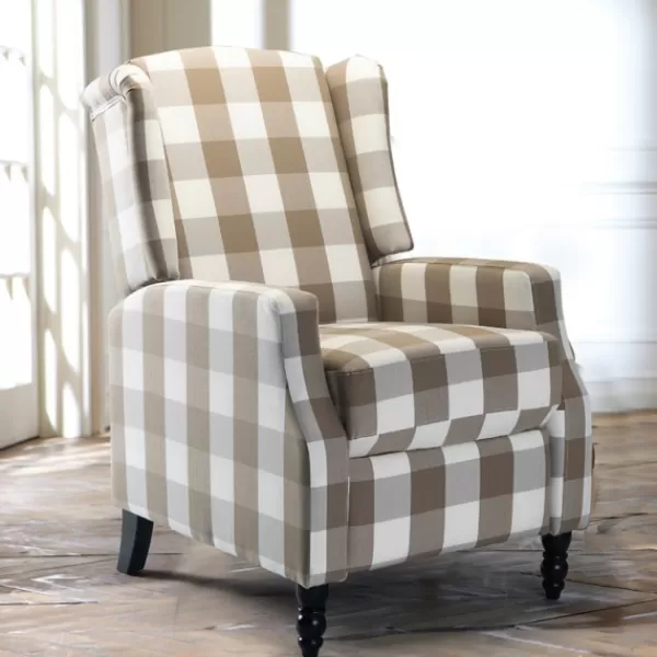 Accent Chairs-Kirkland's Home Beige Windowpane Plaid Recliner Tan/White