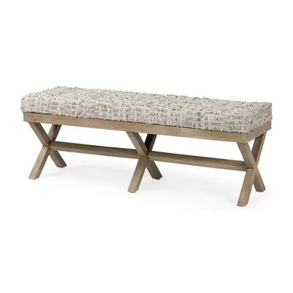 Entryway Furniture-Kirkland's Home Beige Woven Leather X-Base Bench Gray/Tan