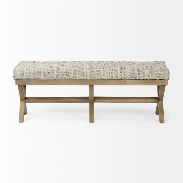 Entryway Furniture-Kirkland's Home Beige Woven Leather X-Base Bench Gray/Tan