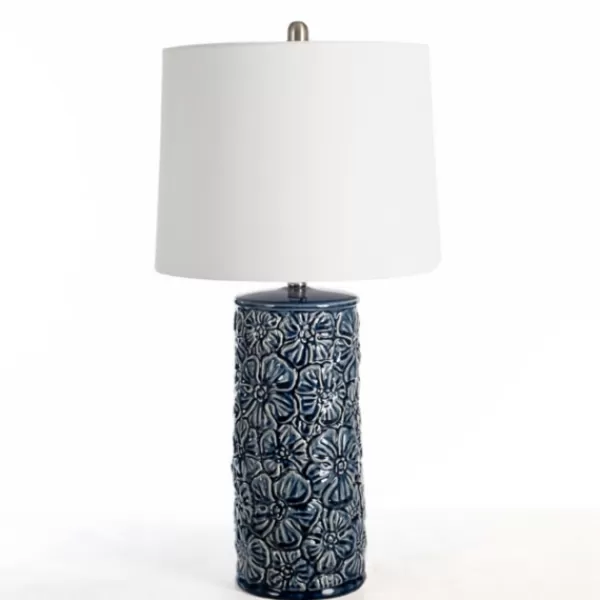 Table Lamps-Kirkland's Home Berto Glazed Denim Floral Table Lamp Blue