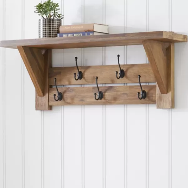 Hooks-Kirkland's Home Beth Acacia Wood Wall Shelf With Hooks