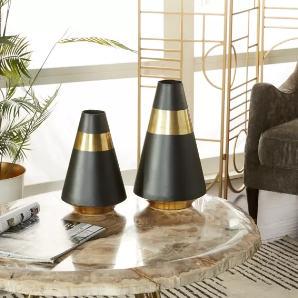 Vases-Kirkland's Home Black And Gold Reverse Cone Vases, Set Of 2 Black/Gold