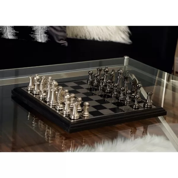 Statues & Figurines-Kirkland's Home Black And Gray Beveled Board Aluminum Chess Set Black/Gray