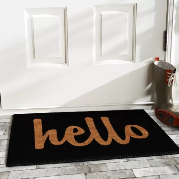 Doormats-Kirkland's Home Black And Natural Coir Hello Doormat, 36X24 In. Black/Tan