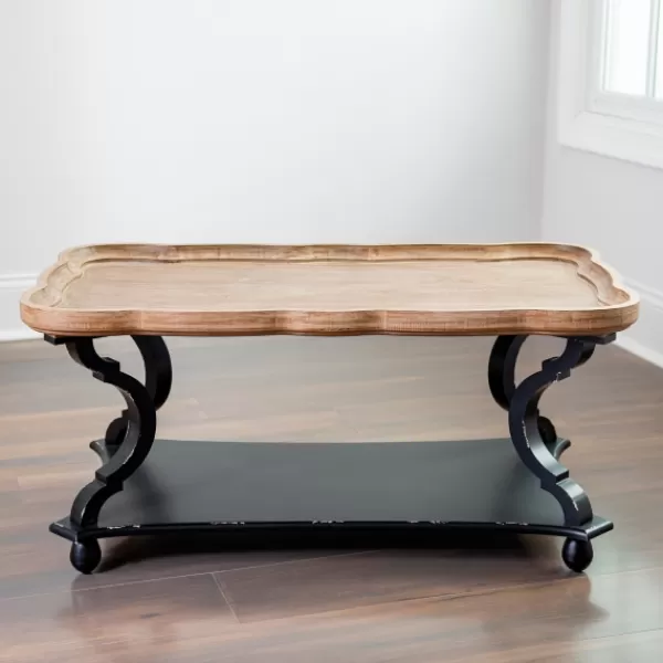 Coffee Tables-Kirkland's Home Black And Natural Corina Scalloped Coffee Table Black/Tan
