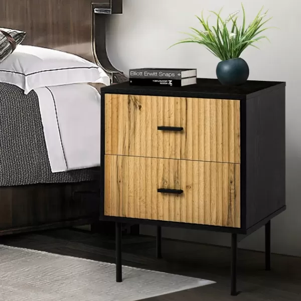 Nightstands-Kirkland's Home Black And Natural Wood 2-Drawer Nightstand