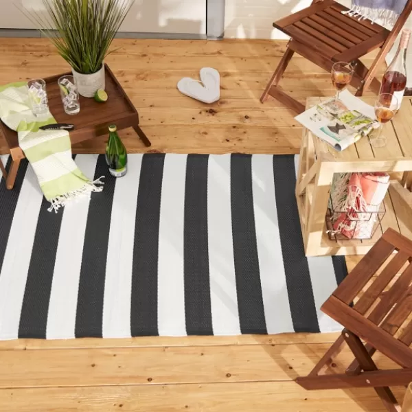 Outdoor Rugs-Kirkland's Home Black And White Rugby Stripe Outdoor Area Rug, 5X8 Black/White