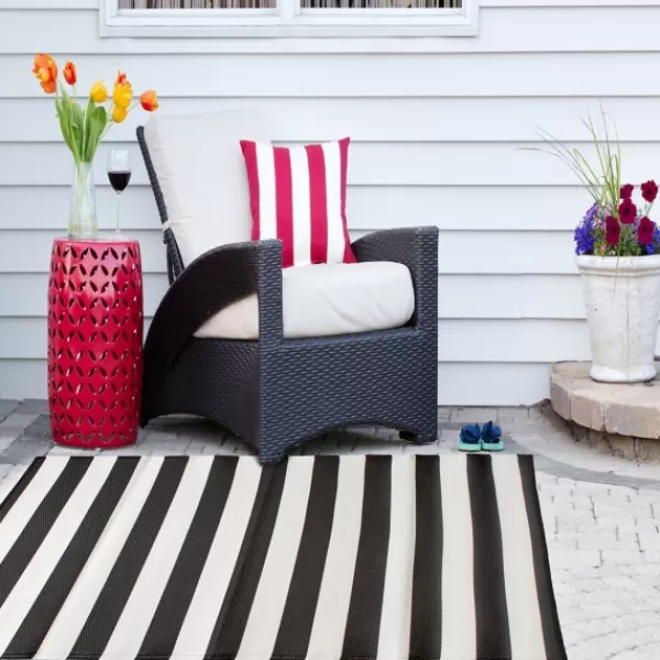 Outdoor Rugs-Kirkland's Home Black And White Rugby Stripe Outdoor Area Rug, 5X8 Black/White