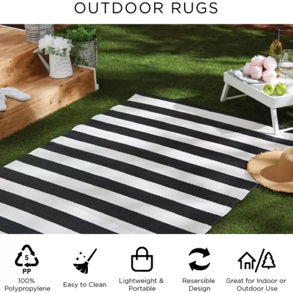 Outdoor Rugs-Kirkland's Home Black And White Rugby Stripe Outdoor Area Rug, 5X8 Black/White