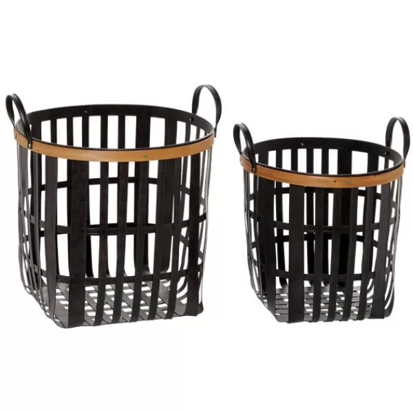 Baskets & Boxes-Kirkland's Home Black Bamboo Metal Woven Baskets, Set Of 2 Black/Brown