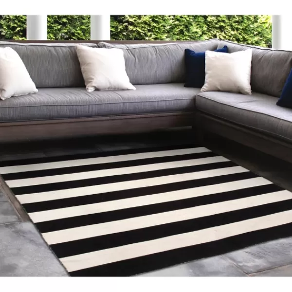 Outdoor Rugs-Kirkland's Home Black Cabana Stripe Indoor/Outdoor Area Rug, 8X8 Black/White