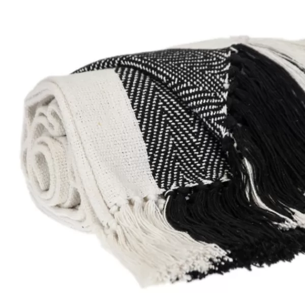 Blankets & Throws-Kirkland's Home Black Chalet Striped Fringe Throw Black/White