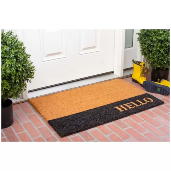 Doormats-Kirkland's Home Black Hello Bold Stripe Coir Doormat, 24 In. Tan/Black